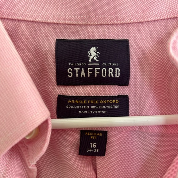 Stafford Men’s Wrinkle-Free Oxford Shirt | Size 16 (34/35) | Pink | Regular Fit - Picture 3 of 5